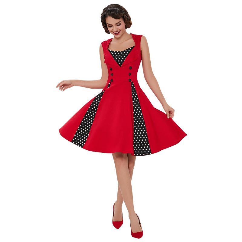 KILLREAL Women's Casual Cocktail Vintage Style Polka Dot Print Rockabilly Dress for Christmas Holiday Red Small - Image 3